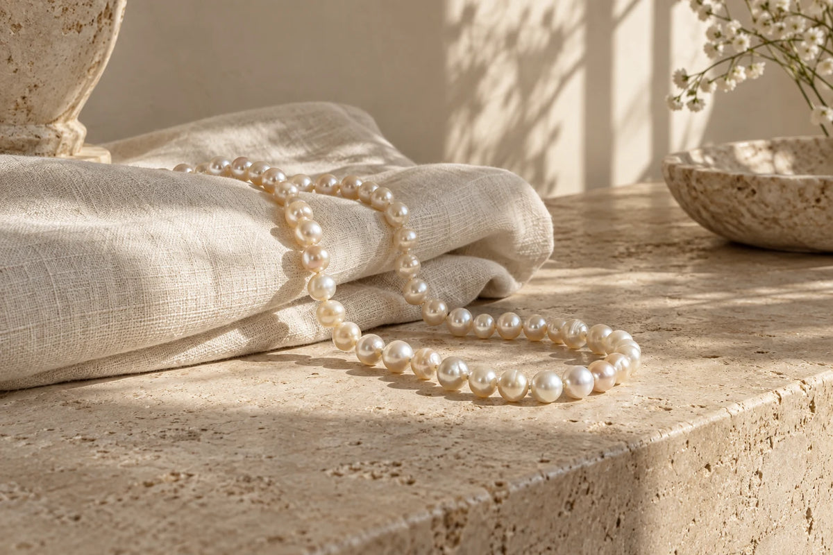 Pearl jewelry arranged with textured ivory fabric and natural objects.