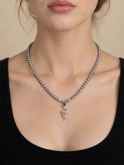 Madama Grade Japanese Akoya Silver-Gray Pearl Snake Pendant Necklace, S925 Silver Emerald Teardrop Crystal Serpent Pearl Choker, Vintage Gothic Jewelry Gift for Women