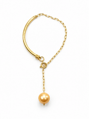Natural South Sea Golden Pearl S925 Silver Gold Plated Pearl Bracelet, Minimalist Rhinestone Half Bangle for Gift & Daily