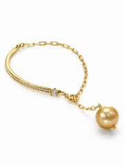 Natural South Sea Golden Pearl S925 Silver Gold Plated Pearl Bracelet, Minimalist Rhinestone Half Bangle for Gift & Daily