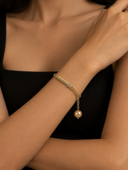 Natural South Sea Golden Pearl S925 Silver Gold Plated Pearl Bracelet, Minimalist Rhinestone Half Bangle for Gift & Daily
