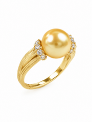 S925 Silver Gold Plated Pearl Ring, Classic Textured Golden Pearl Ring for Daily & Bridal Gift