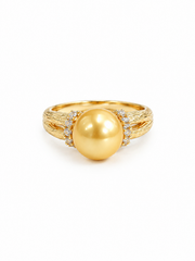 S925 Silver Gold Plated Pearl Ring, Classic Textured Golden Pearl Ring for Daily & Bridal Gift