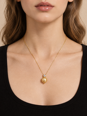 Natural South Sea Golden Pearl Necklace, Minimalist S925 Silver Gold Plated Pendant with Rhinestone
