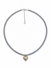 Madama Grade Japanese Akoya Silver-Gray Pearl Necklace,Round Pearl Choker with Heart Pendant, S925 Silver Gold Plated for Women