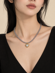 Madama Grade Japanese Akoya Silver-Gray Pearl Necklace,Round Pearl Choker with Heart Pendant, S925 Silver Gold Plated for Women