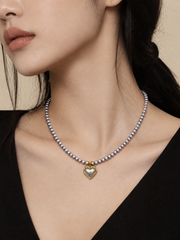 Madama Grade Japanese Akoya Silver-Gray Pearl Necklace,Round Pearl Choker with Heart Pendant, S925 Silver Gold Plated for Women