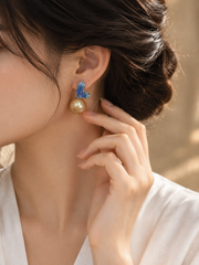 South Sea Golden Pearl Stud Earrings，Abalone Shell Heart Wing Pearl Drop Earrings for Women