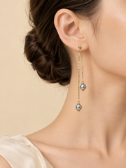 Japanese Akoya Silver-Gray Pearl Pearl Ear Threaders，Silver Blue Double Pearl Gold Chain Dangle Earrings