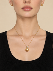Natural South Sea Golden Pearl Necklace, Minimalist S925 Silver Gold Plated Pendant with Rhinestone