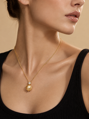 Natural South Sea Golden Pearl Necklace, Minimalist S925 Silver Gold Plated Pendant with Rhinestone