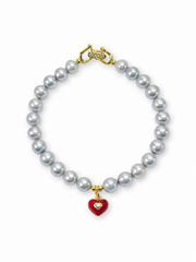 Elegant Red Heart Pearl Strand Bracelet，Japanese Akoya Silver-Gray Pearl  Pearls Gold Clasp for Daily, Wedding & Gift for Her