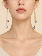 Japanese Akoya Silver-Gray Pearl Pearl Ear Threaders，Silver Blue Double Pearl Gold Chain Dangle Earrings