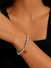 Elegant Red Heart Pearl Strand Bracelet，Japanese Akoya Silver-Gray Pearl  Pearls Gold Clasp for Daily, Wedding & Gift for Her