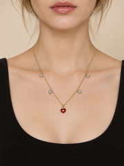 Minimalist Red Heart & Pearl Station Necklace，Japanese Akoya Silver-Gray Pearl Pearl Gold Chain for Everyday, Date & Gift for Her