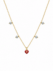 Minimalist Red Heart & Pearl Station Necklace，Japanese Akoya Silver-Gray Pearl Pearl Gold Chain for Everyday, Date & Gift for Her