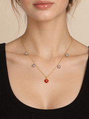 Minimalist Red Heart & Pearl Station Necklace，Japanese Akoya Silver-Gray Pearl Pearl Gold Chain for Everyday, Date & Gift for Her