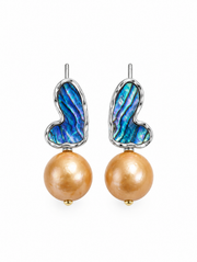South Sea Golden Pearl Stud Earrings，Abalone Shell Heart Wing Pearl Drop Earrings for Women