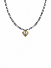 Madama Grade Japanese Akoya Silver-Gray Pearl Necklace,Round Pearl Choker with Heart Pendant, S925 Silver Gold Plated for Women
