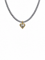 Madama Grade Japanese Akoya Silver-Gray Pearl Necklace,Round Pearl Choker with Heart Pendant, S925 Silver Gold Plated for Women