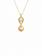 Natural South Sea Golden Pearl S925 Silver Gold Plated Necklace,Hot Air Balloon Pendant with Round Rhinestone for Gift & Daily