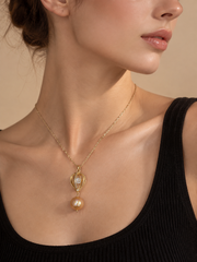 Natural South Sea Golden Pearl S925 Silver Gold Plated Necklace,Hot Air Balloon Pendant with Round Rhinestone for Gift & Daily