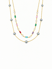 Akoya Madama Silver-Grey Pearl S925 Silver Gold Plated Layered Necklace,Multi Color Baguette & Heart Rhinestone Choker for Gift & Daily