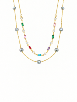 Akoya Madama Silver-Grey Pearl S925 Silver Gold Plated Layered Necklace,Multi Color Baguette & Heart Rhinestone Choker for Gift & Daily