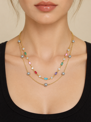Akoya Madama Silver-Grey Pearl S925 Silver Gold Plated Layered Necklace,Multi Color Baguette & Heart Rhinestone Choker for Gift & Daily