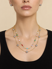 Akoya Madama Silver-Grey Pearl S925 Silver Gold Plated Layered Necklace,Multi Color Baguette & Heart Rhinestone Choker for Gift & Daily