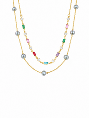 Akoya Madama Silver-Grey Pearl S925 Silver Gold Plated Layered Necklace,Multi Color Baguette & Heart Rhinestone Choker for Gift & Daily