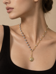 Akoya Madama Silver-Grey Pearl S925 Silver Gold Plated Necklace, Asymmetric Letter B Coin Pendant Necklace for Gift & Daily
