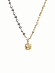 Akoya Madama Silver-Grey Pearl S925 Silver Gold Plated Necklace, Asymmetric Letter B Coin Pendant Necklace for Gift & Daily