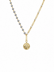 Akoya Madama Silver-Grey Pearl S925 Silver Gold Plated Necklace, Asymmetric Letter B Coin Pendant Necklace for Gift & Daily