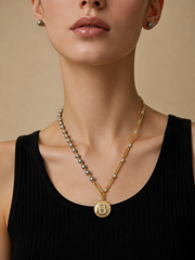 Akoya Madama Silver-Grey Pearl S925 Silver Gold Plated Necklace, Asymmetric Letter B Coin Pendant Necklace for Gift & Daily