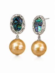 S925 Sterling Silver Natural South Sea Golden Pearl Drop Earrings，Dangling earrings with iridescent rainbow abalone shell, great for daily & special occasion wear