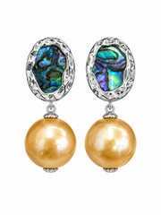 S925 Sterling Silver Natural South Sea Golden Pearl Drop Earrings，Dangling earrings with iridescent rainbow abalone shell, great for daily & special occasion wear