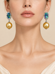 S925 Sterling Silver Natural South Sea Golden Pearl Drop Earrings，Dangling earrings with iridescent rainbow abalone shell, great for daily & special occasion wear