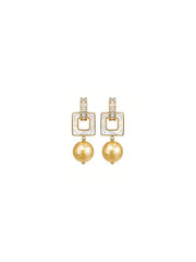 Natural South Sea Golden Pearl Drop Earrings, 10mm Golden Pearls with Square Mother of Pearl & Baguette Crystals, S925 Silver Gold Plated Statement Earrings for Women