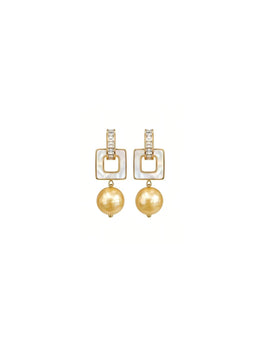 Natural South Sea Golden Pearl Drop Earrings, 10mm Golden Pearls with Square Mother of Pearl & Baguette Crystals, S925 Silver Gold Plated Statement Earrings for Women