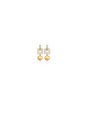 Natural South Sea Golden Pearl Drop Earrings, 10mm Golden Pearls with Square Mother of Pearl & Baguette Crystals, S925 Silver Gold Plated Statement Earrings for Women