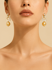 Natural South Sea Golden Pearl Drop Earrings, 10mm Golden Pearls with Square Mother of Pearl & Baguette Crystals, S925 Silver Gold Plated Statement Earrings for Women