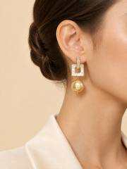 Natural South Sea Golden Pearl Drop Earrings, 10mm Golden Pearls with Square Mother of Pearl & Baguette Crystals, S925 Silver Gold Plated Statement Earrings for Women