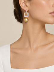 Natural South Sea Golden Pearl Drop Earrings, 10mm Golden Pearls with Square Mother of Pearl & Baguette Crystals, S925 Silver Gold Plated Statement Earrings for Women