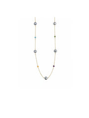 Starry Station Pearl Necklace for Women, Madama Grade Japanese Akoya Silver-Gray Pearls, Dainty Gold Chain with Multicolor Gemstone Accents, Everyday Luxury Jewelry Gift
