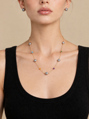 Starry Station Pearl Necklace for Women, Madama Grade Japanese Akoya Silver-Gray Pearls, Dainty Gold Chain with Multicolor Gemstone Accents, Everyday Luxury Jewelry Gift