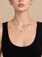 Starry Station Pearl Necklace for Women, Madama Grade Japanese Akoya Silver-Gray Pearls, Dainty Gold Chain with Multicolor Gemstone Accents, Everyday Luxury Jewelry Gift