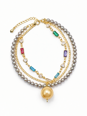 Madama Grade Japanese Akoya Silver-Gray Pearl Multi-Layer Bracelet, Rainbow Crystal Gold Stacking Bracelet, South Sea Golden Pearl Charm, Vintage Jewelry Gift for Women