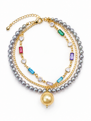 Madama Grade Japanese Akoya Silver-Gray Pearl Multi-Layer Bracelet, Rainbow Crystal Gold Stacking Bracelet, South Sea Golden Pearl Charm, Vintage Jewelry Gift for Women