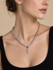Madama Grade Japanese Akoya Silver-Gray Pearl Snake Pendant Necklace, S925 Silver Emerald Teardrop Crystal Serpent Pearl Choker, Vintage Gothic Jewelry Gift for Women